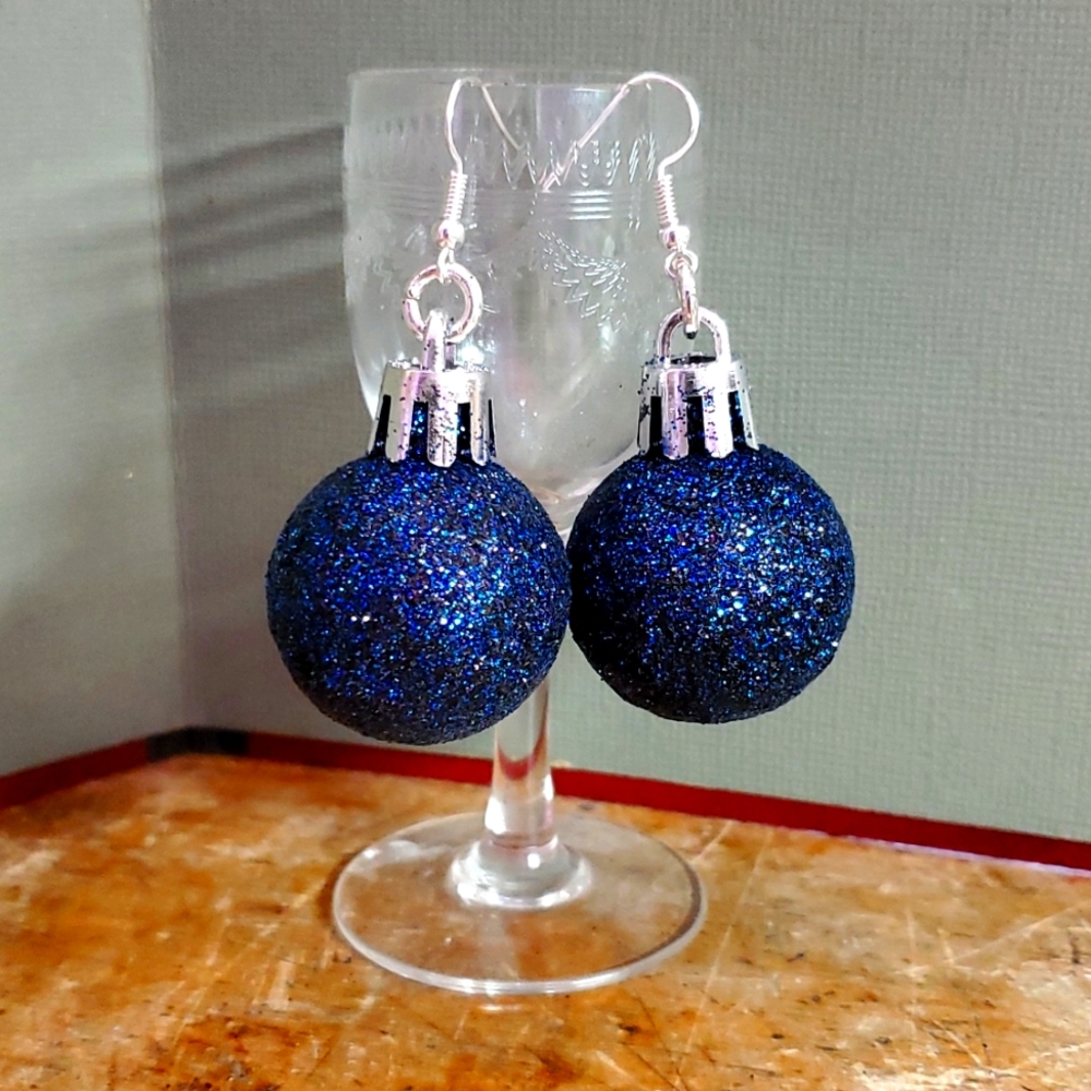 Glittery blue Christmas earrings